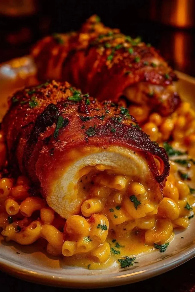 Bacon-Wrapped Mac n Cheese Stuffed Chicken Breasts served on a plate