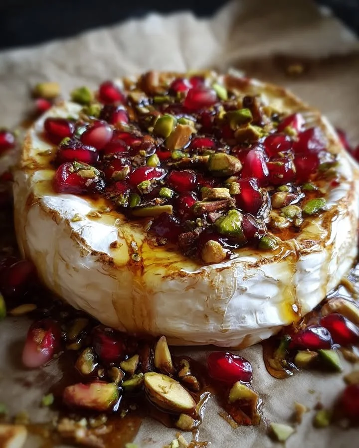 Baked Brie topped with pomegranate seeds and pistachios, served on a wooden board.