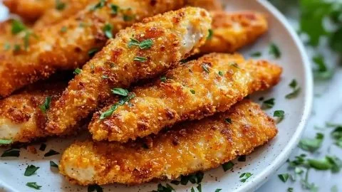 Delicious baked chicken tenders served with dipping sauce on a plate