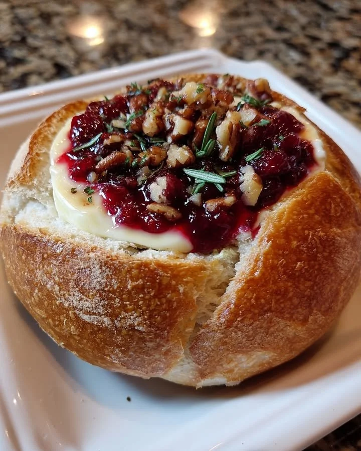 Baked Cranberry Brie Bread Bowl with melted cheese and cranberry sauce
