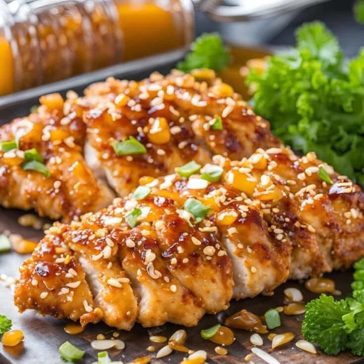 Baked Crunchy Hot Honey Chicken served on a plate with garnishes.