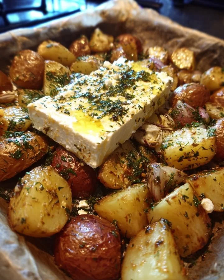 Baked feta potatoes served with herbs and spices