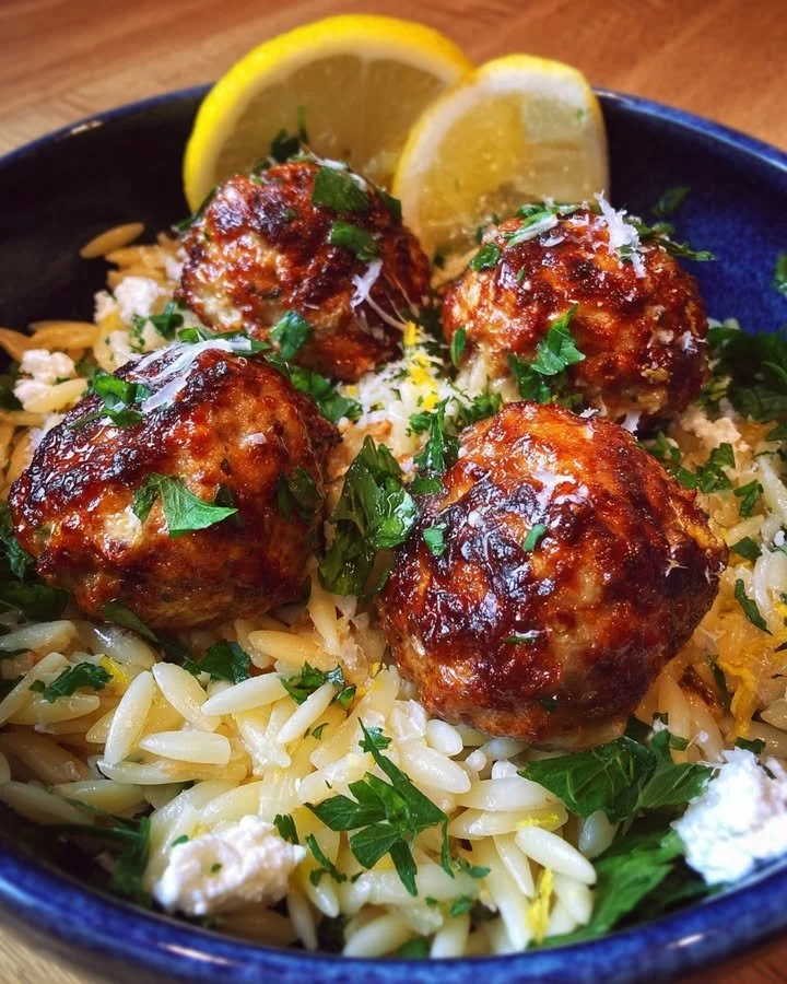 Baked ricotta lemon meatballs served over a colorful orzo salad