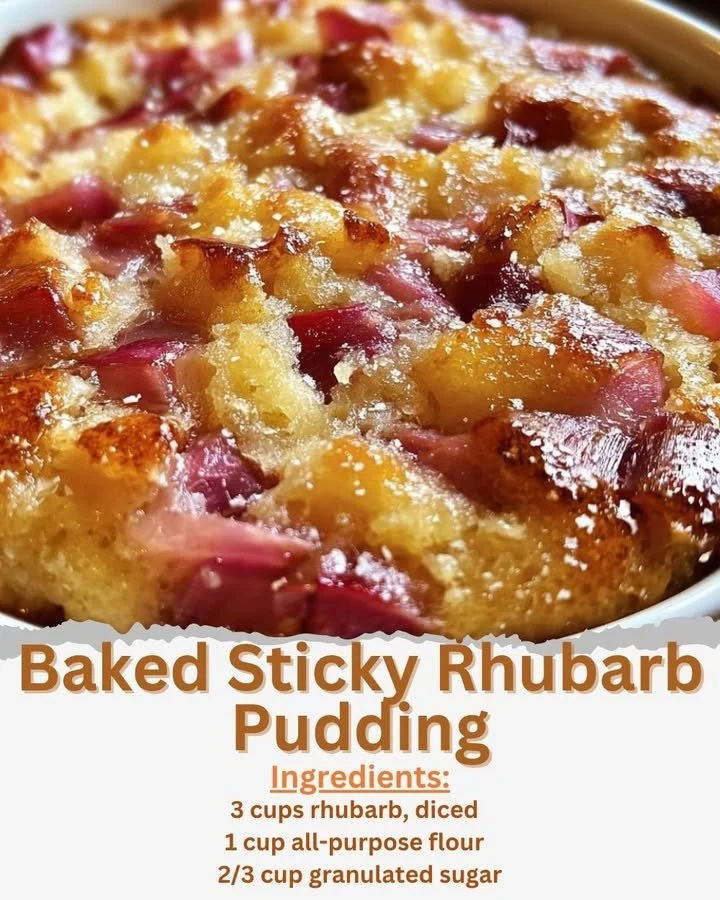 Baked sticky rhubarb pudding served with cream in a rustic dish.