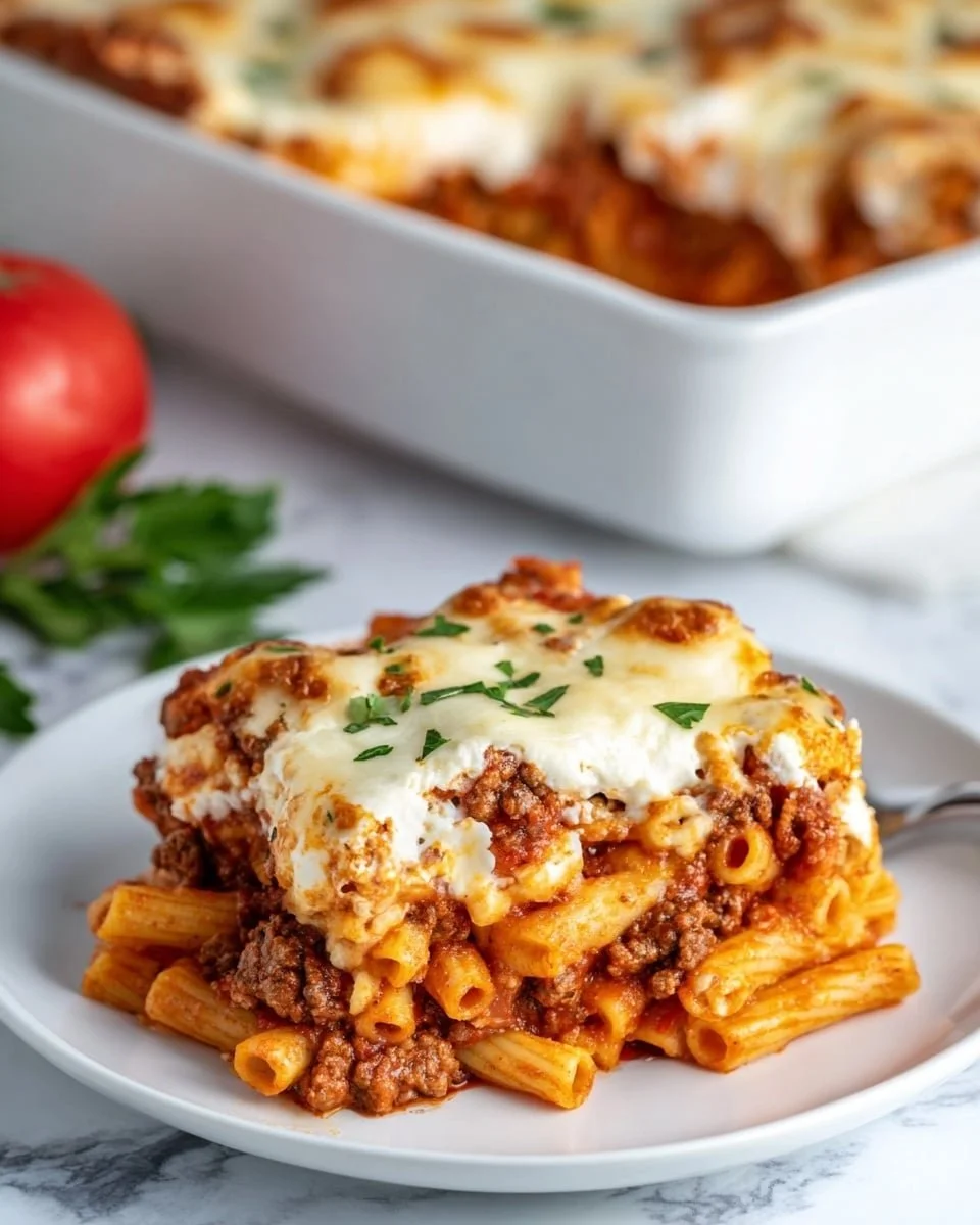 Plate of cheesy baked ziti with marinara sauce and herbs, perfect for dinner