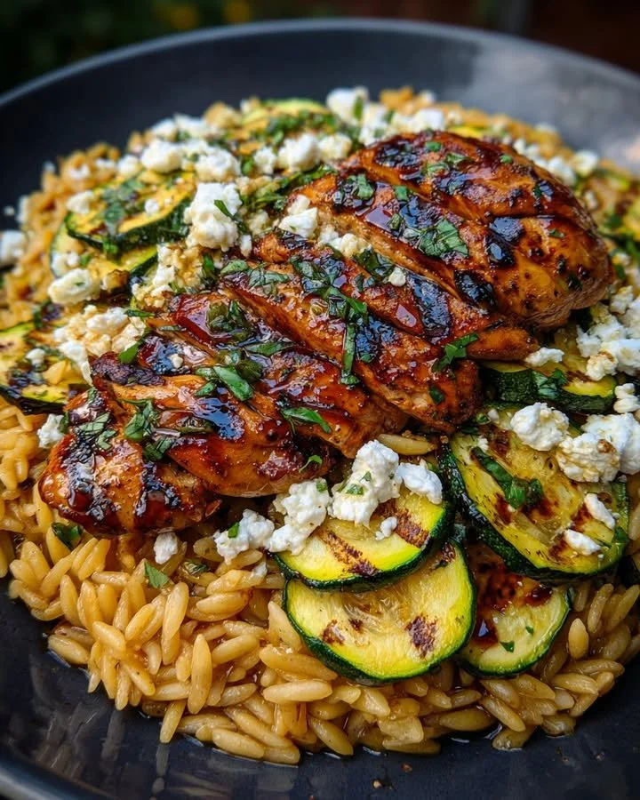 Balsamic chicken served with orzo, grilled zucchini, and crumbled feta cheese.