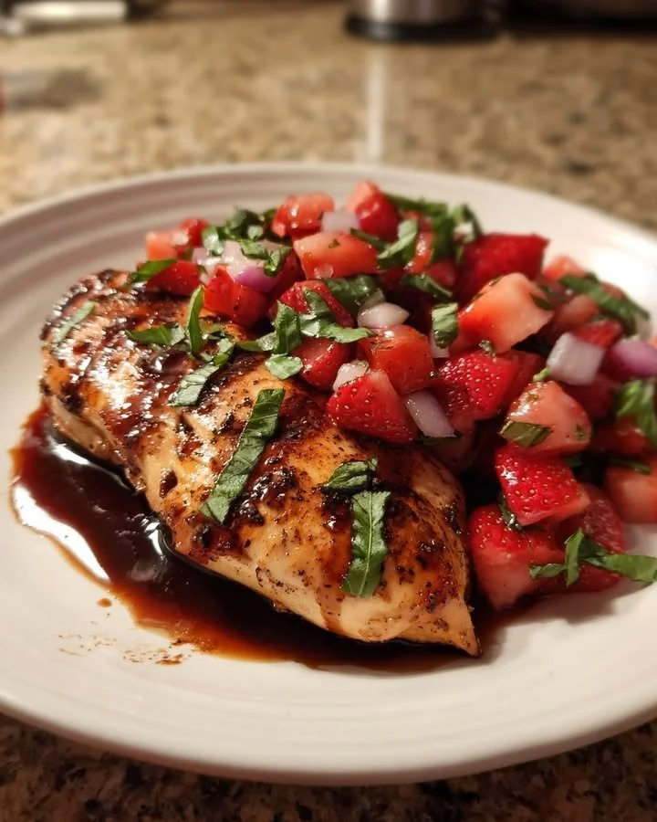 Balsamic Chicken with fresh Strawberry Basil Relish on a white plate