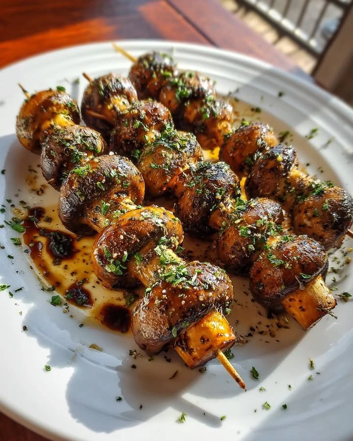 Balsamic garlic grilled mushroom skewers served on a platter