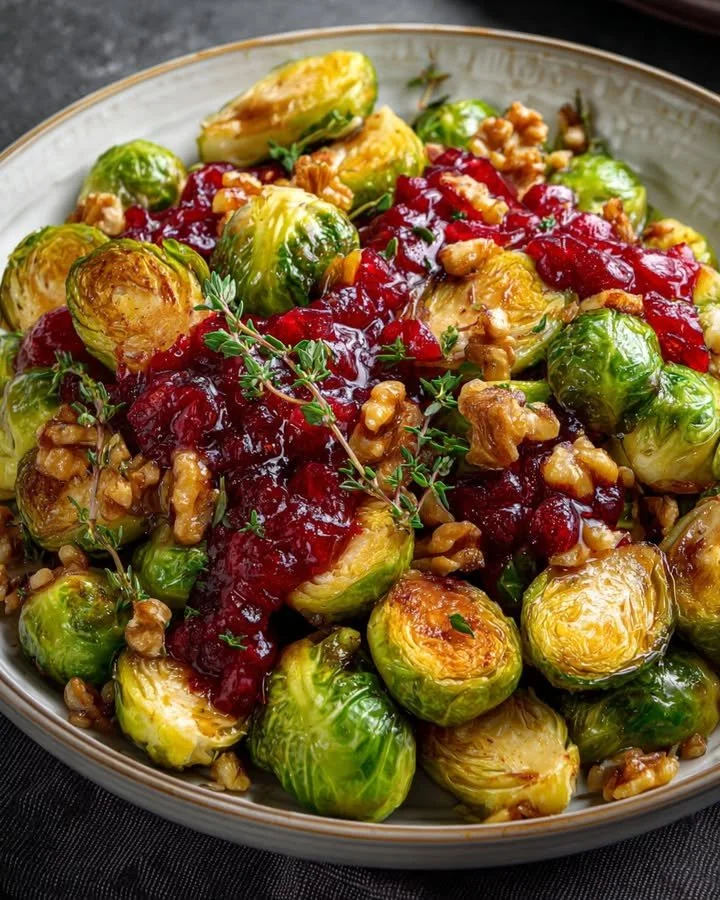 Balsamic-Glazed Brussels Sprouts with a cranberry drizzle on a plate