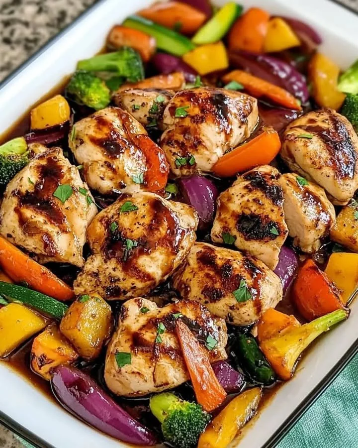 Delicious balsamic glazed chicken served with colorful vegetables
