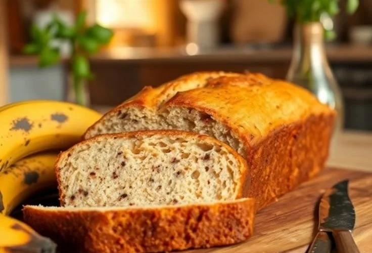 Freshly baked banana bread loaf with ripe bananas and walnuts on a wooden table.