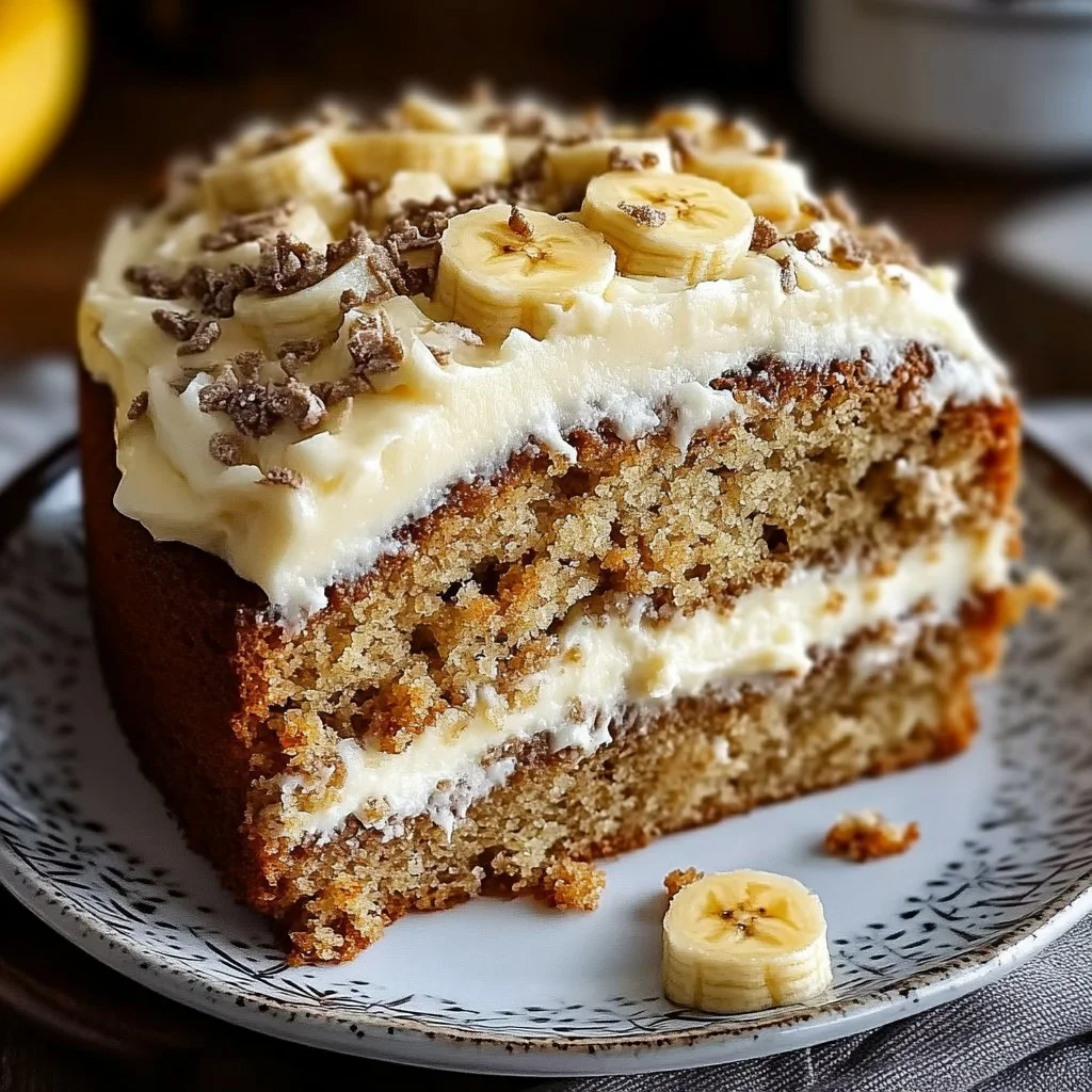 Delicious banana bread cake with a smooth cream cheese frosting topping.