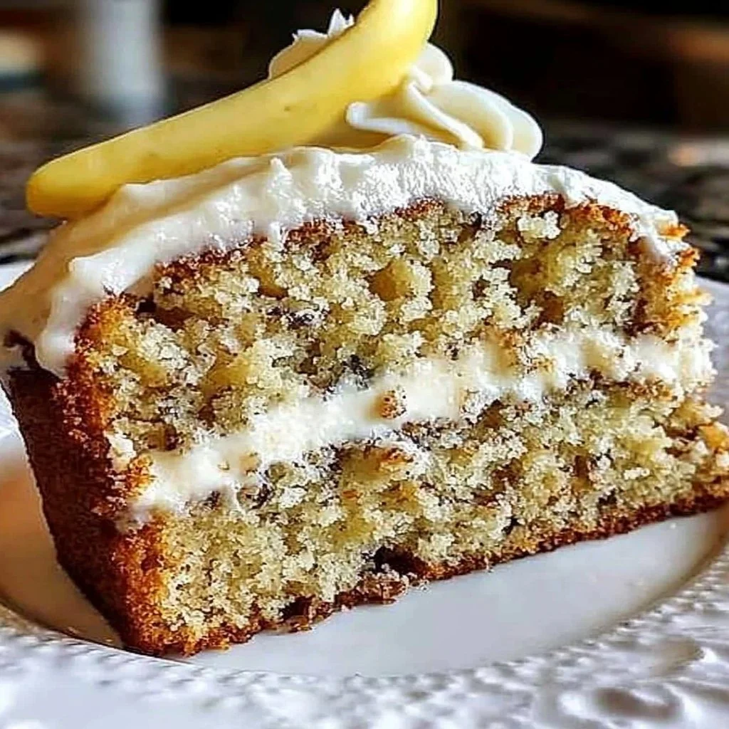 Moist banana bread cake with cream cheese frosting on a wooden plate