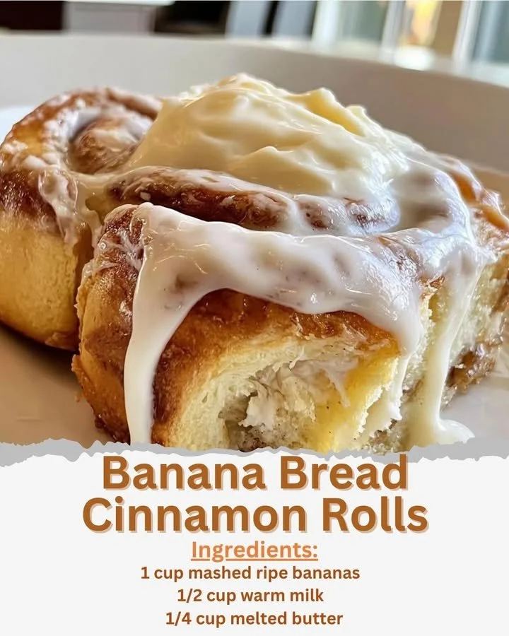 Delicious banana bread cinnamon rolls drizzled with icing and cinnamon sugar