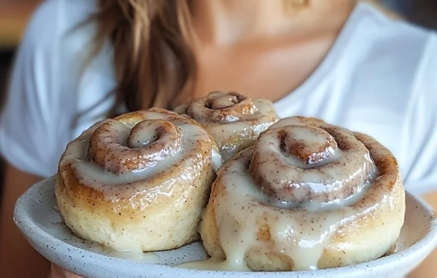 Freshly baked banana bread cinnamon rolls on a rustic wooden table