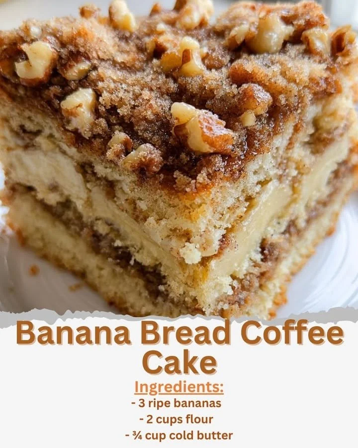 Delicious banana bread coffee cake topped with crumbly streusel.