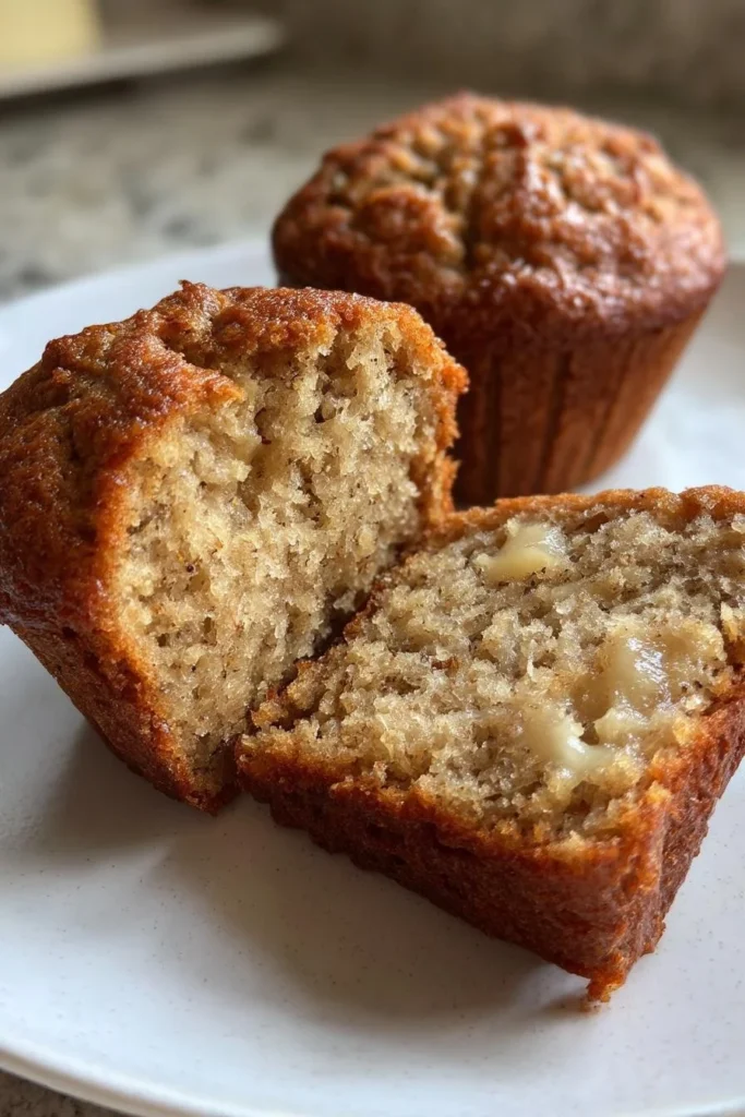 Freshly baked banana bread muffins on a wooden table