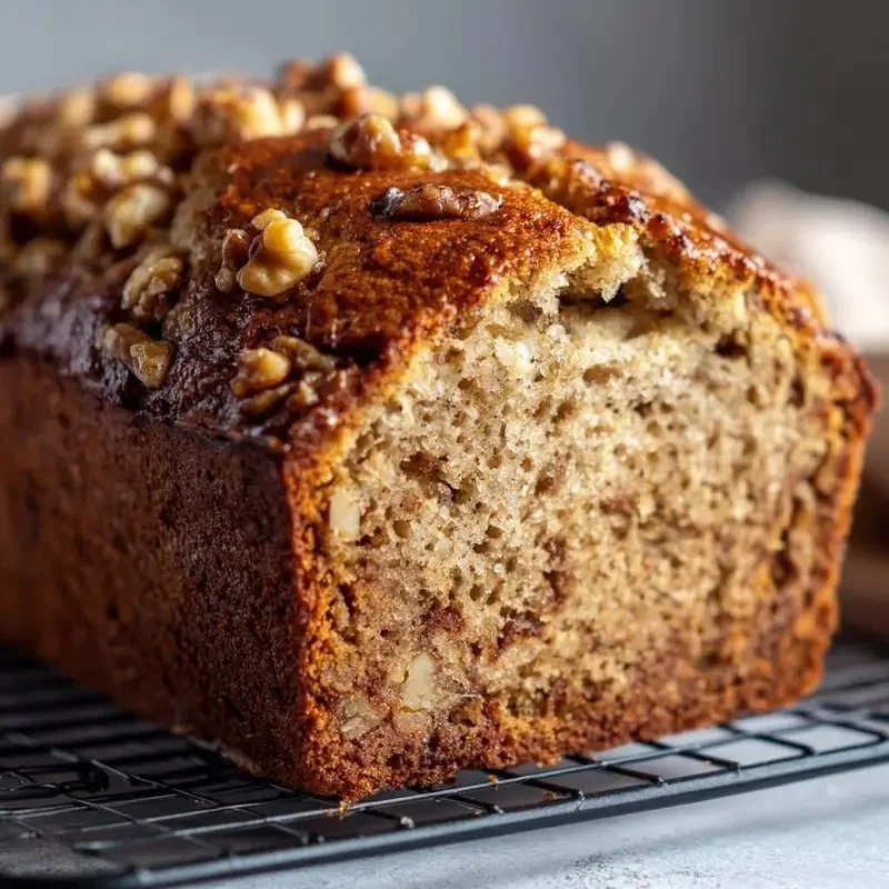 Sliced banana bread with walnuts and cinnamon on a wooden cutting board