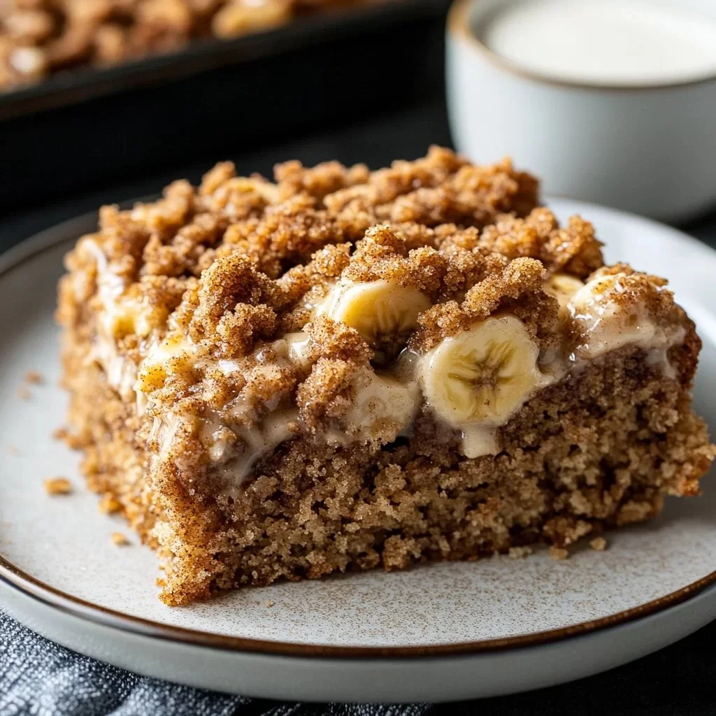 Delicious homemade Banana Coffee Cake topped with a crumbly sugar glaze