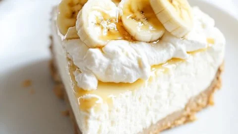 Slice of delicious Banana Cream Cheesecake topped with fresh banana slices.