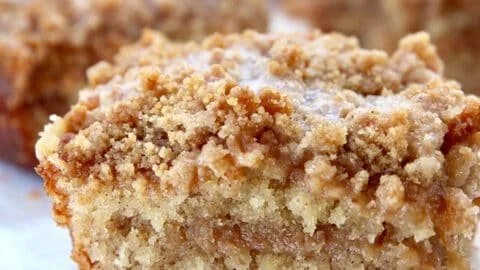 Freshly baked banana crumb coffee cake with a crumbly topping
