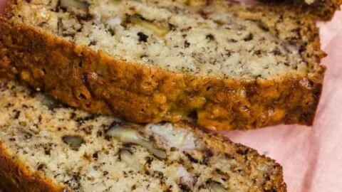 Deliciously moist homemade banana nut bread with walnuts.