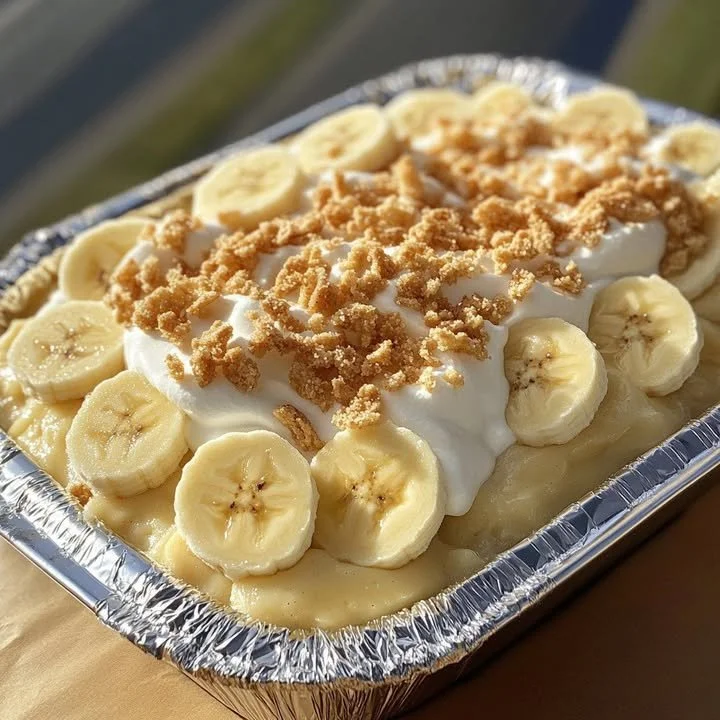 Delicious banana pudding delight pan dessert topped with whipped cream and banana slices.