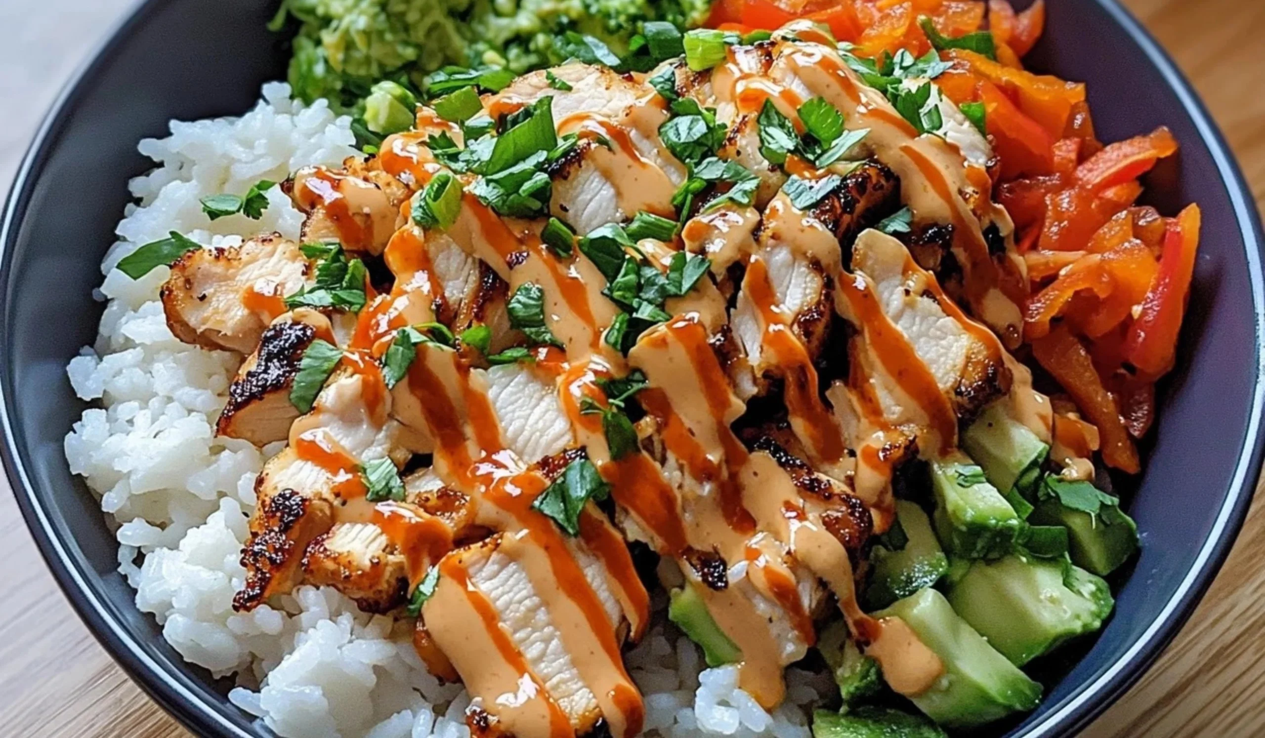 Delicious Bang Bang Chicken Bowl topped with fresh vegetables and zesty sauce