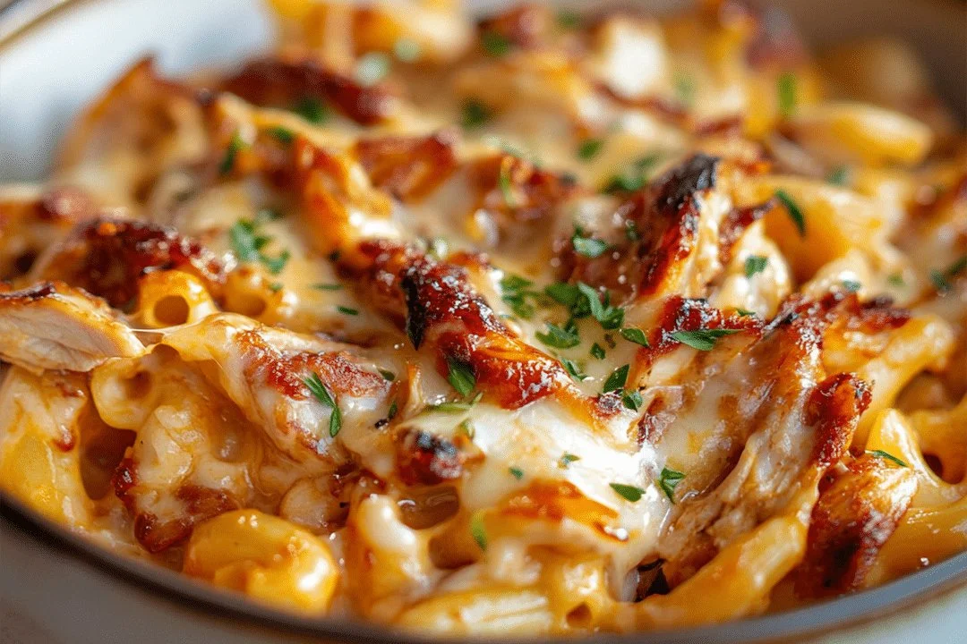 Creamy BBQ Chicken Mac and Cheese in a rustic bowl with herbs on top