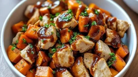 BBQ chicken sweet potato bowl topped with fresh ingredients