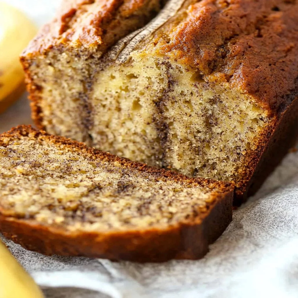 Loaf of best-ever banana bread on a wooden cutting board