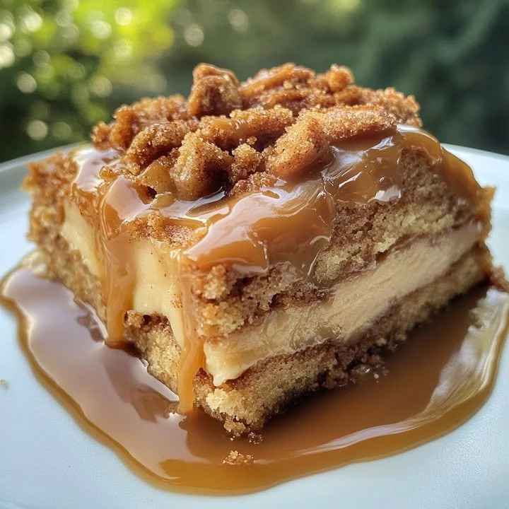 Biscoff Caramel Cinnamon Roll Coffee Cake topped with caramel drizzles