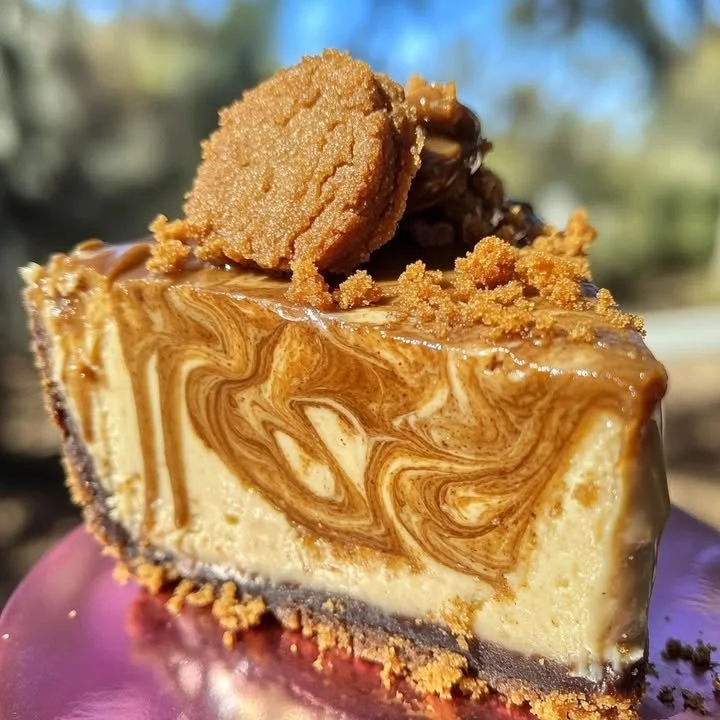 Delicious Biscoff cookie butter cheesecake slice with a creamy topping and cookie crust.
