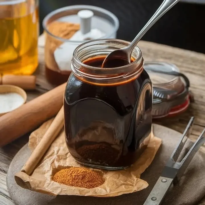 Homemade black BBQ sauce in a glass jar with a brush, perfect for grilling.