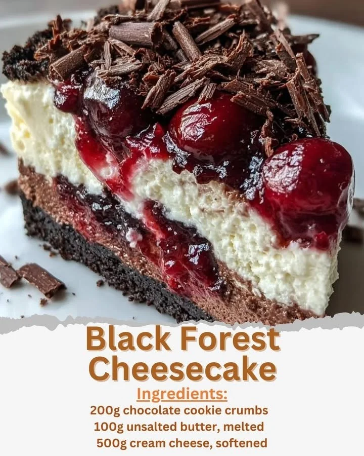 Delicious Black Forest Cheesecake topped with cherries and whipped cream