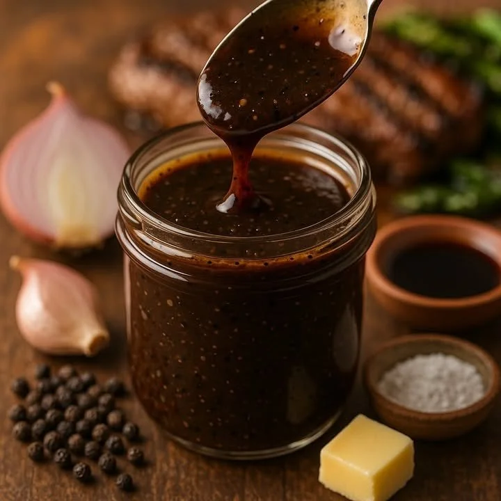 Bottle of homemade black pepper sauce with herbs and spices