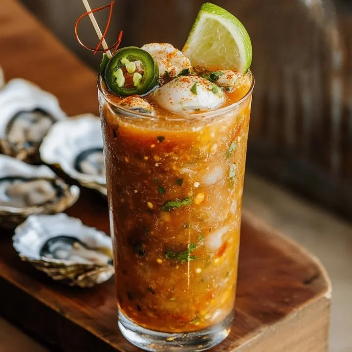 Bloody Roman beer oyster cocktail with fresh oysters and beer in a stylish glass