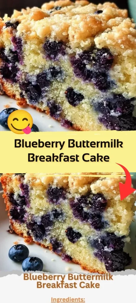 Blueberry buttermilk breakfast cake topped with fresh blueberries and a dusting of sugar.