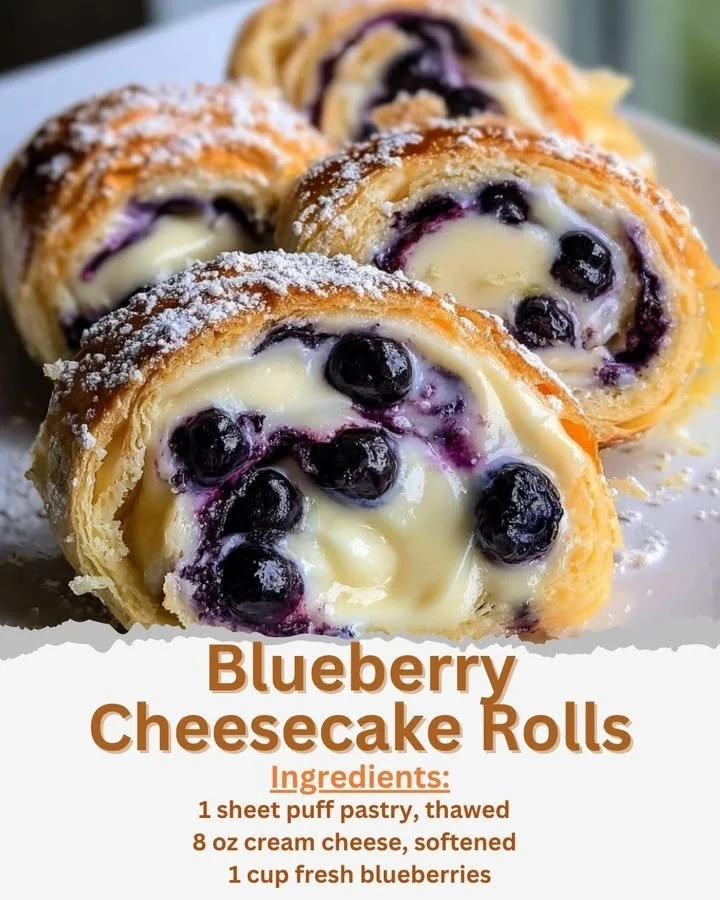 Blueberry cheesecake rolls, a delicious dessert with creamy filling and blueberry topping.
