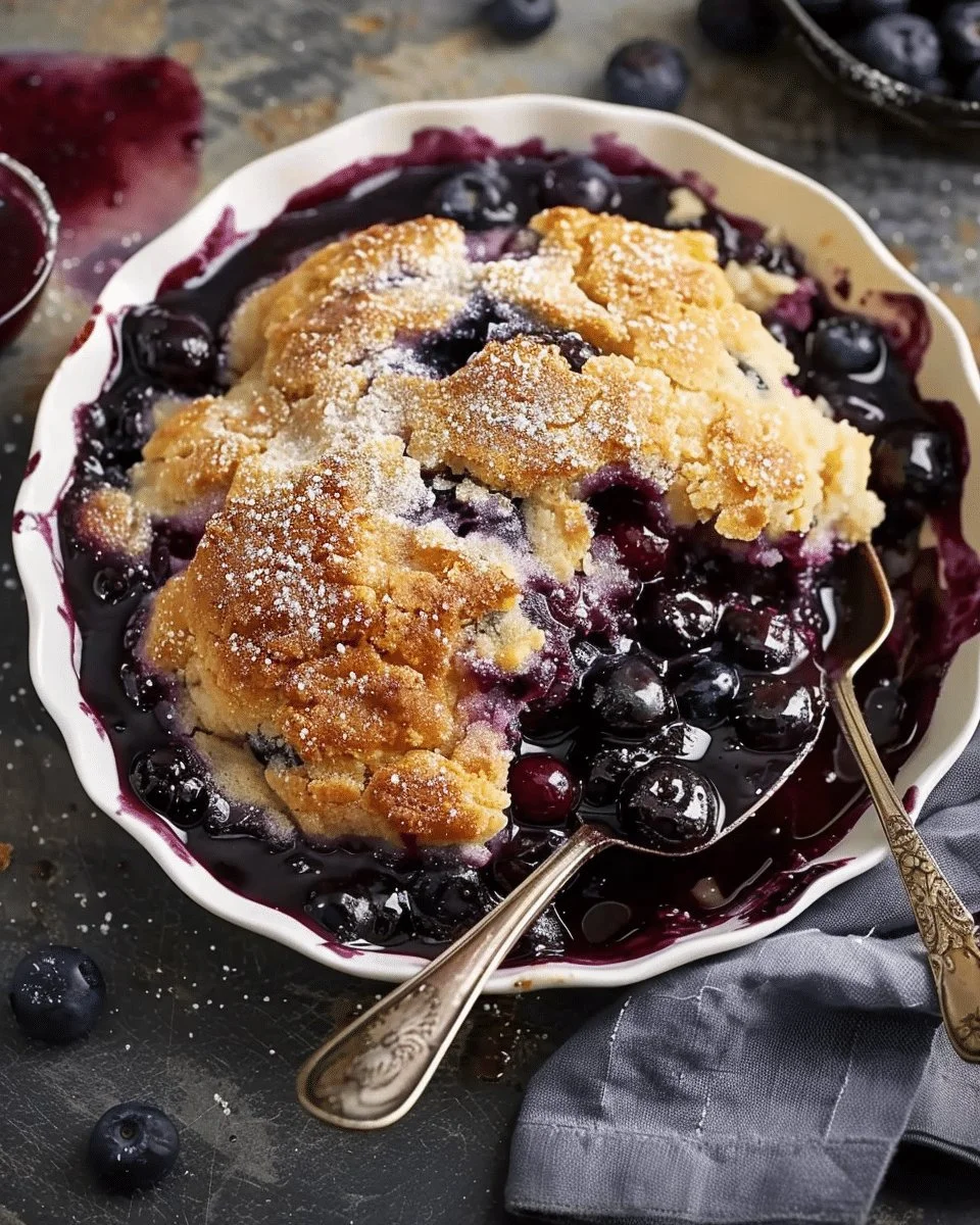 Delicious homemade blueberry cobbler topped with a golden crust