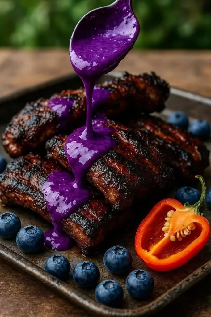 Bottle of Blueberry-Habanero Sauce with fresh blueberries and habanero peppers
