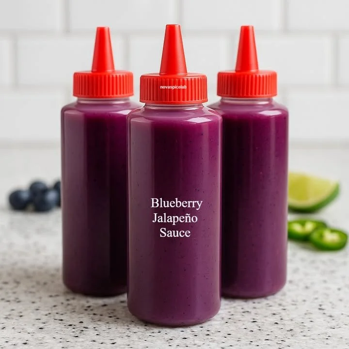 Jar of homemade Blueberry Jalapeño Sauce ready for serving