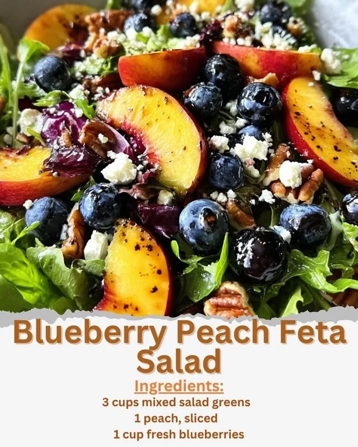 A colorful Blueberry Peach Feta Salad featuring fresh peaches, blueberries, and feta cheese.