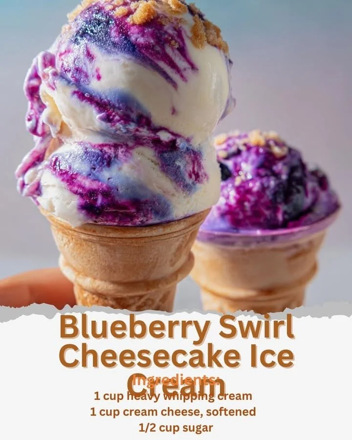 Blueberry Swirl Cheesecake Ice Cream in a dessert bowl with blueberries