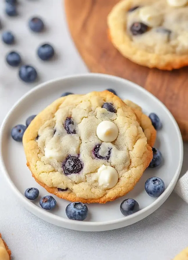 Blueberry white chocolate chip cookies fresh out of the oven on a cooling rack.