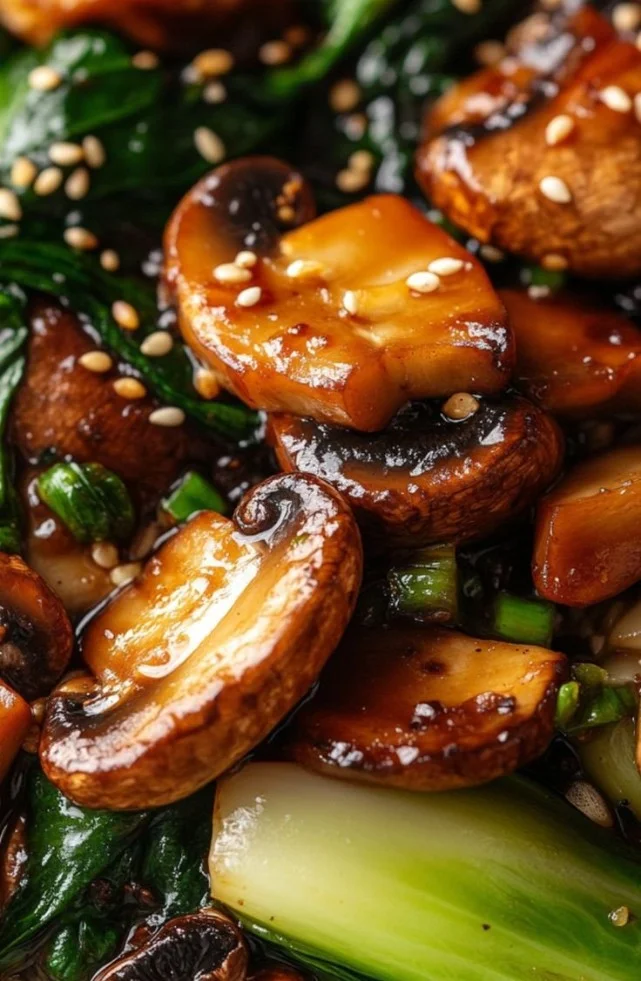 Bok Choy and Mushroom Stir Fry with colorful vegetables in a skillet