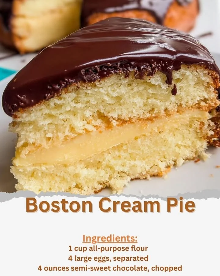 Delicious Boston Cream Pie topped with chocolate ganache and creamy custard filling