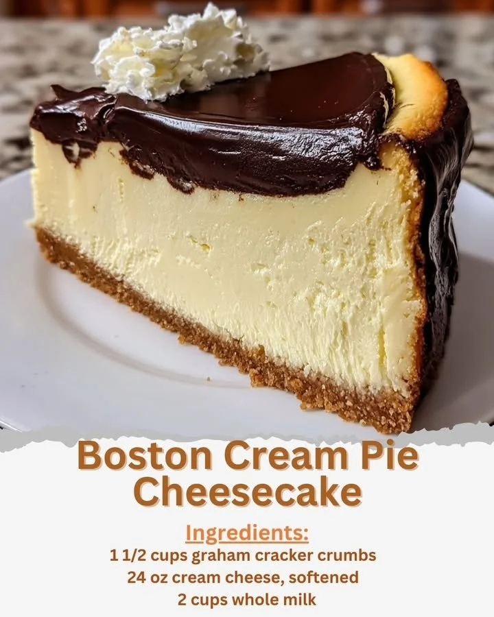 Delicious Boston Cream Pie Cheesecake topped with chocolate frosting and cream.