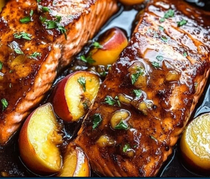 Delicious Bourbon Peach Roasted Salmon with vibrant peach glaze