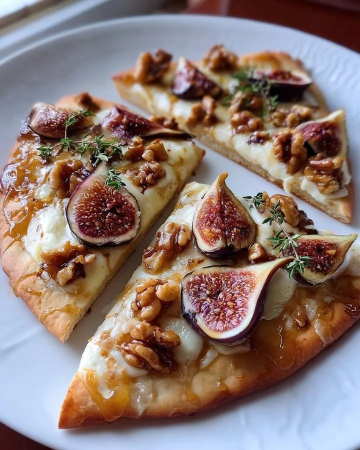 Brie & Fig Flatbread topped with walnuts and honey glaze